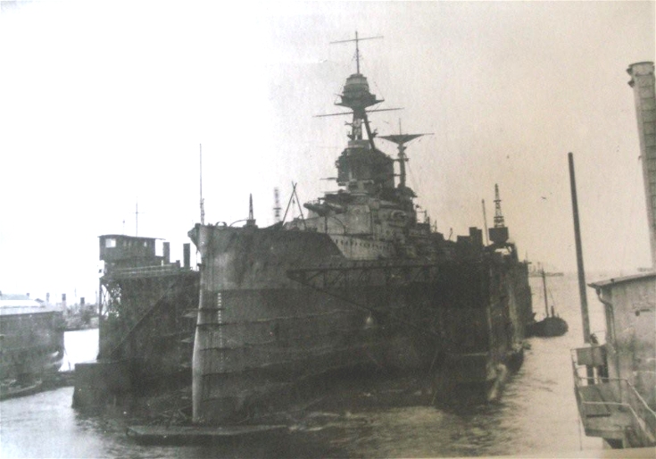 HMS Malaya in the Floating Dock at Invergordon after Jutland