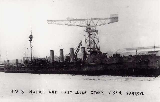 HMS Natal and Cantilever crane at Barrow.